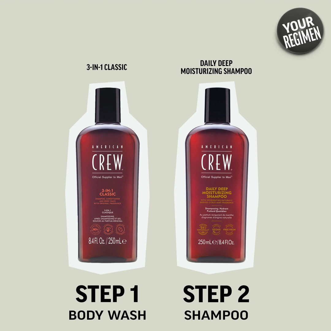 Cross-sell image of American Crew 3-IN-1 Classic and American Crew Daily Deep Moisturizing Shampoo. The first step in the regimen is to use the 3-IN-1 as a body wash, then shampoo your hair as the final step. 