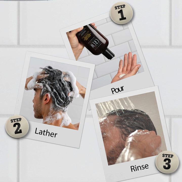 Step-by-step guide to using Daily Deep Moisturizing Shampoo with images of a person washing their hair. The three steps are Pour, Lather, and Rinse.