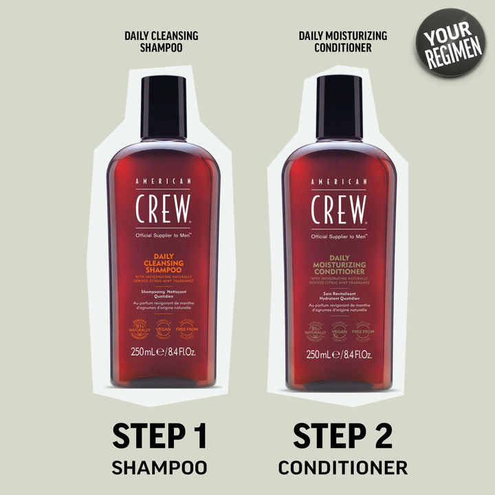 Cross-sell image of American Crew Daily Cleansing Shampoo and American Crew Daily Moisturizing Conditioner. The first step in the regimen is to use the Cleansing Shampoo, then condition your hair with Daily Moisturizing Conditioner as the final step. 