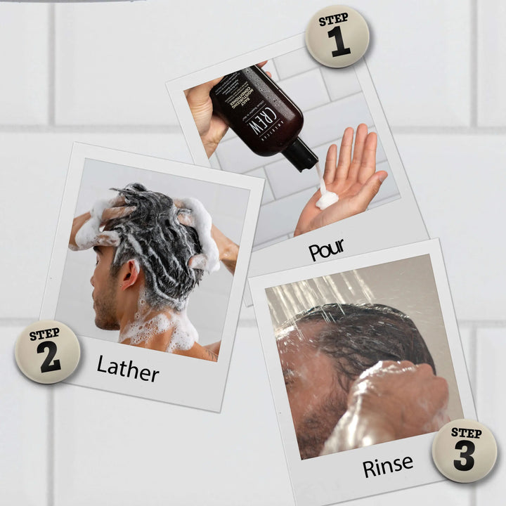 Step-by-step guide to using Daily Moisturizing Conditioner with images of a person washing their hair. The three steps are Pour, Lather, and Rinse.