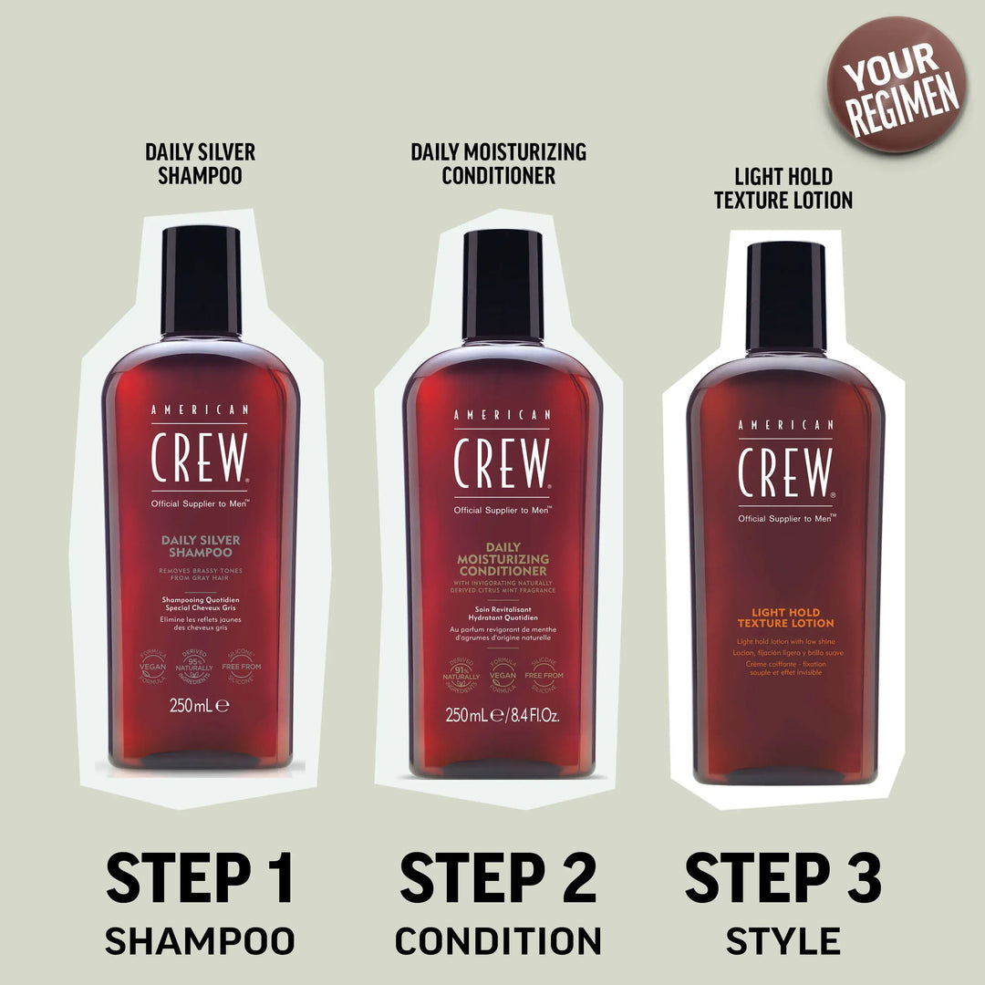 Cross-sell image of American Crew Daily Silver Shampoo, American Crew Daily Moisturizing Conditioner, and American Crew Light Hold Texture Lotion. The first step in the regimen is to shampoo the hair, followed by conditioning with Daily Moisturizing Conditioner, before styling with Light Hold Texture Lotion as the final step. 