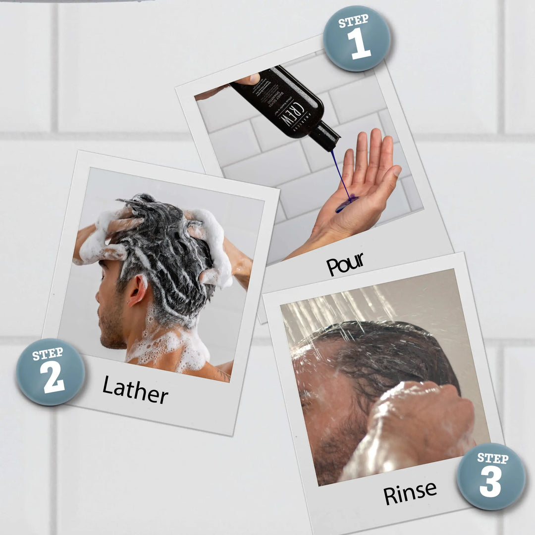 Step-by-step guide to using Daily Silver Shampoo with images of a person washing their hair. The three steps are Pour, Lather, and Rinse.