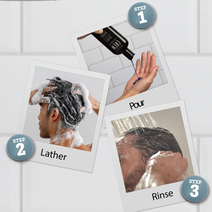 Step-by-step guide to using Daily Silver Shampoo with images of a person washing their hair. The three steps are Pour, Lather, and Rinse.
