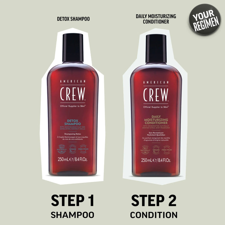 Cross-sell image of American Crew Detox Shampoo and American Crew Daily Moisturizing Conditioner. The first step in the regimen is to shampoo, then condition your hair as the final step. 
