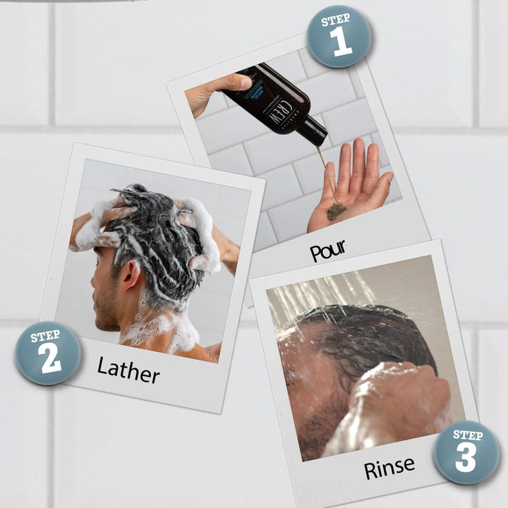 Step-by-step guide to using Detox Shampoo with images of a person washing their hair. The three steps are Pour, Lather, and Rinse.