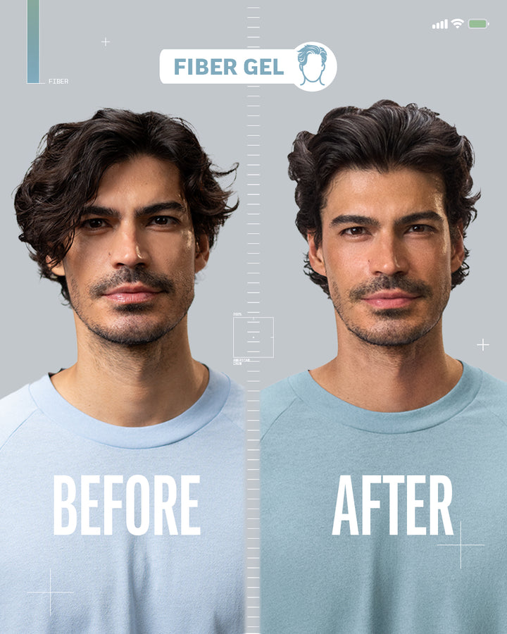 Before and after comparison of a man with Fiber Gel application on gray background