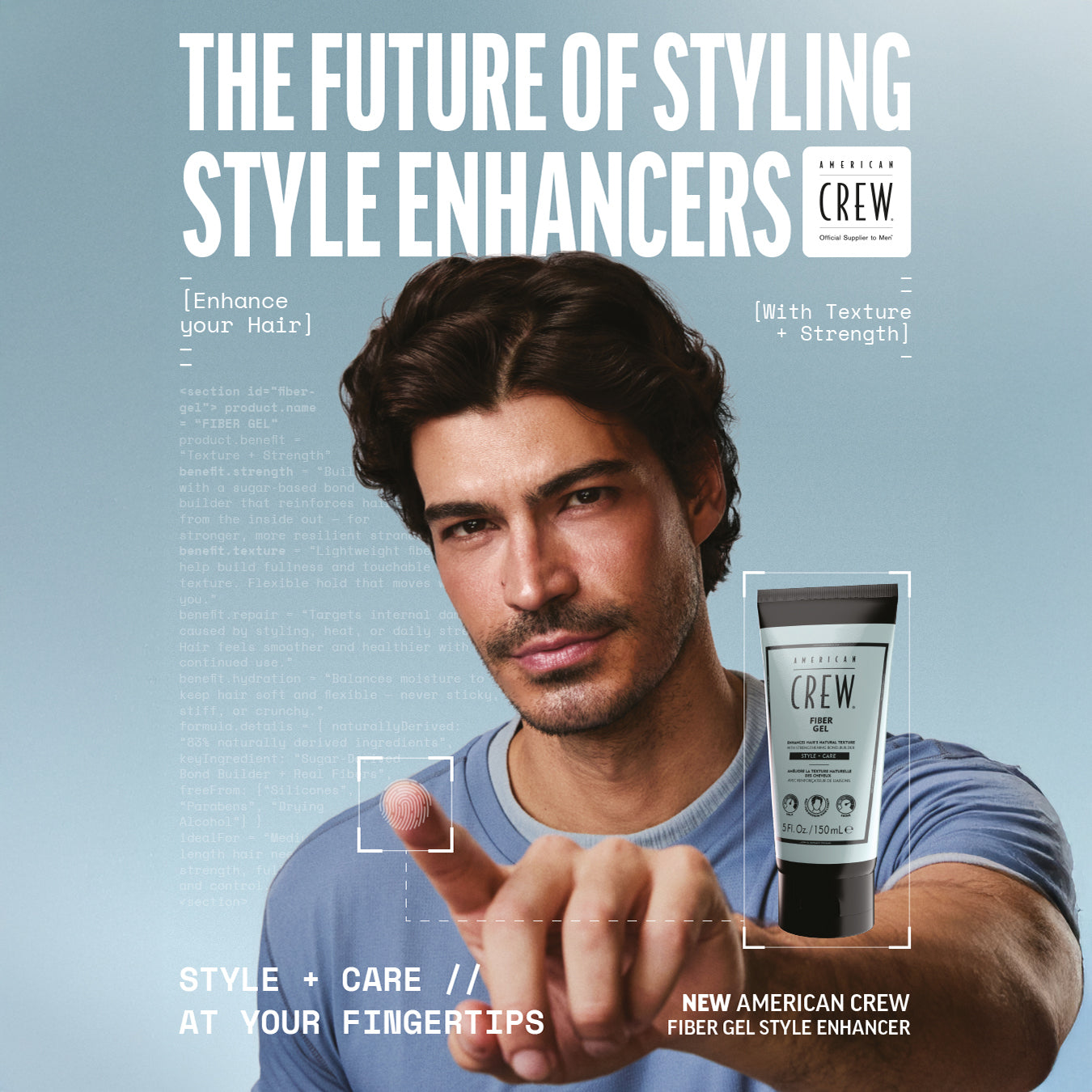 Advertisement for American Crew fiber gel style enhancer with a man holding the product.