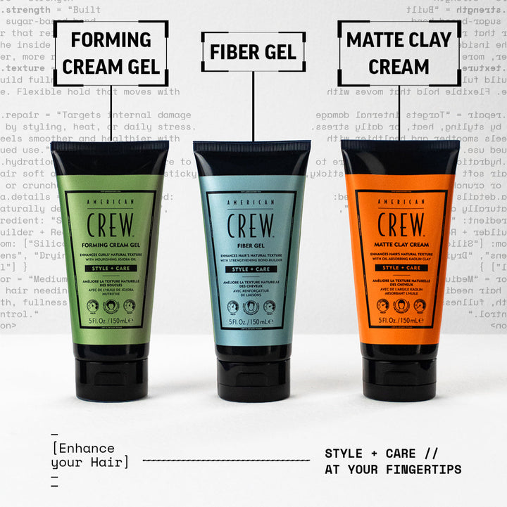 Three styling gels of American Crew hair styling products on a white background with text overlay.