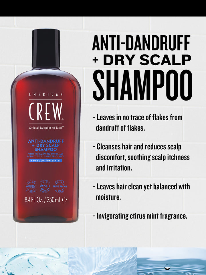 Anti-Dandruff + Dry Scalp Shampoo- Leaves no trace of flakes from dandruff of flakes. Cleanses hair and reduces scalp discomfort, soothing scalp itchness and irritation. Leaves hear clean yet balanced with moisture. Invigorating citrus mint fragrance.