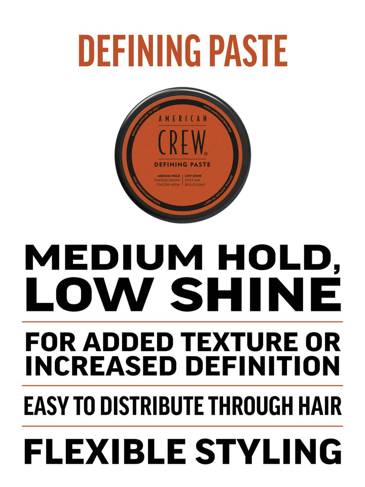 Defining Paste is for medium hold, low shine, for added texture or increased definition, easy to distribute through hair and flexible styling