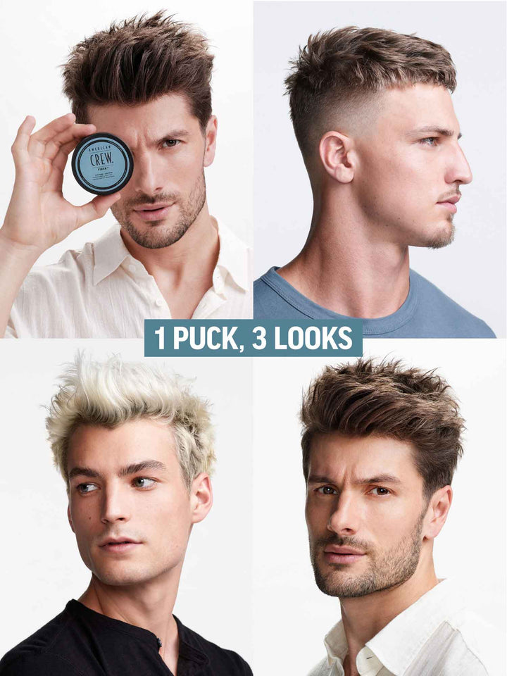 Fiber styling puck on models. 1 puck, 3 looks