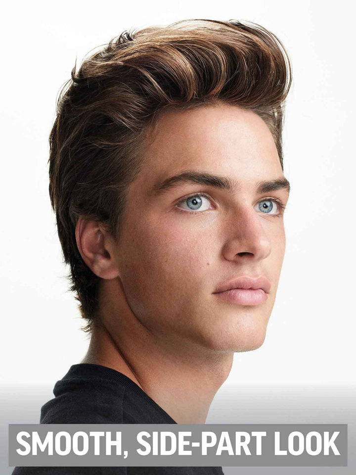 Grooming Cream Styling Puck on model showing smooth, side-part look