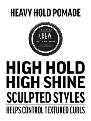 Heavy Hold Pomade is high hold and high shine for sculpted styles and helps control textured curls