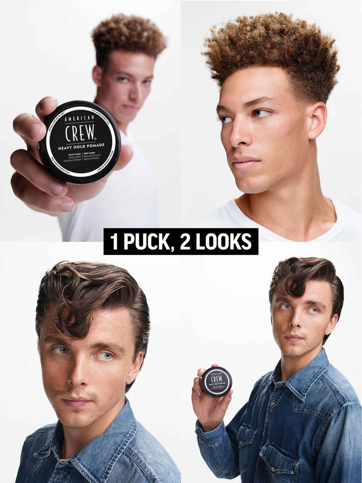 Heavy Hold Pomade styling puck on models. 1 puck, 2 looks
