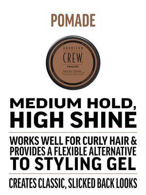 Pomade has medium hold, high shine. Works well for curly hair and provides a flexible alternative to styling gel. Creates classic, slicked back looks