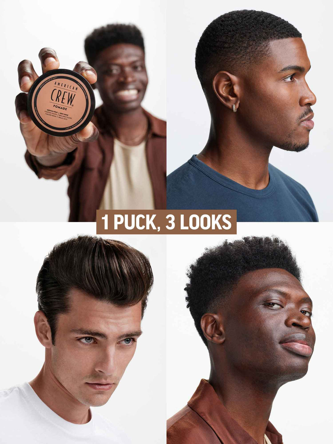 Pomade styling puck on models. 1 puck, 3 looks.