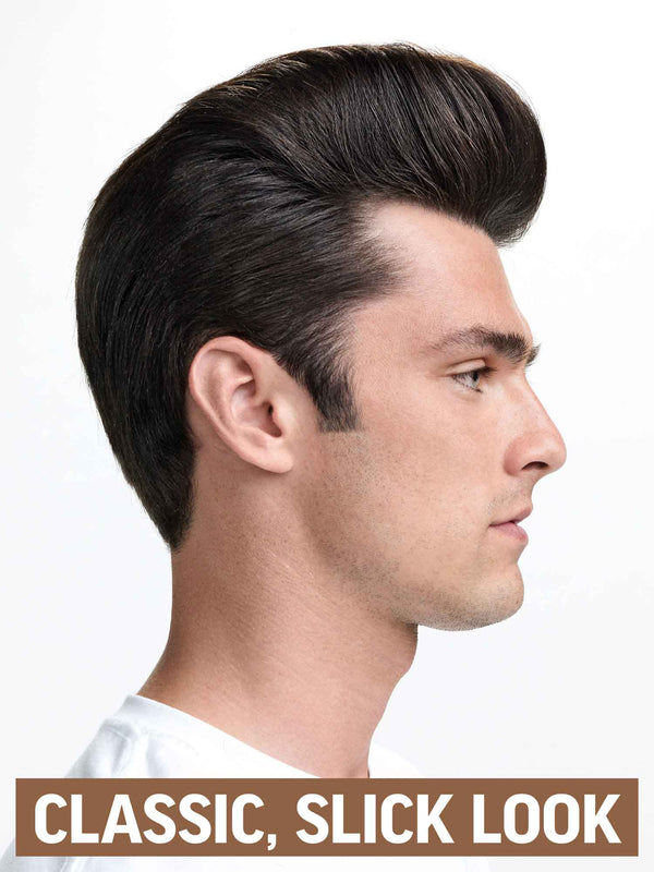 Pomade styling puck on model showing classic, slick look